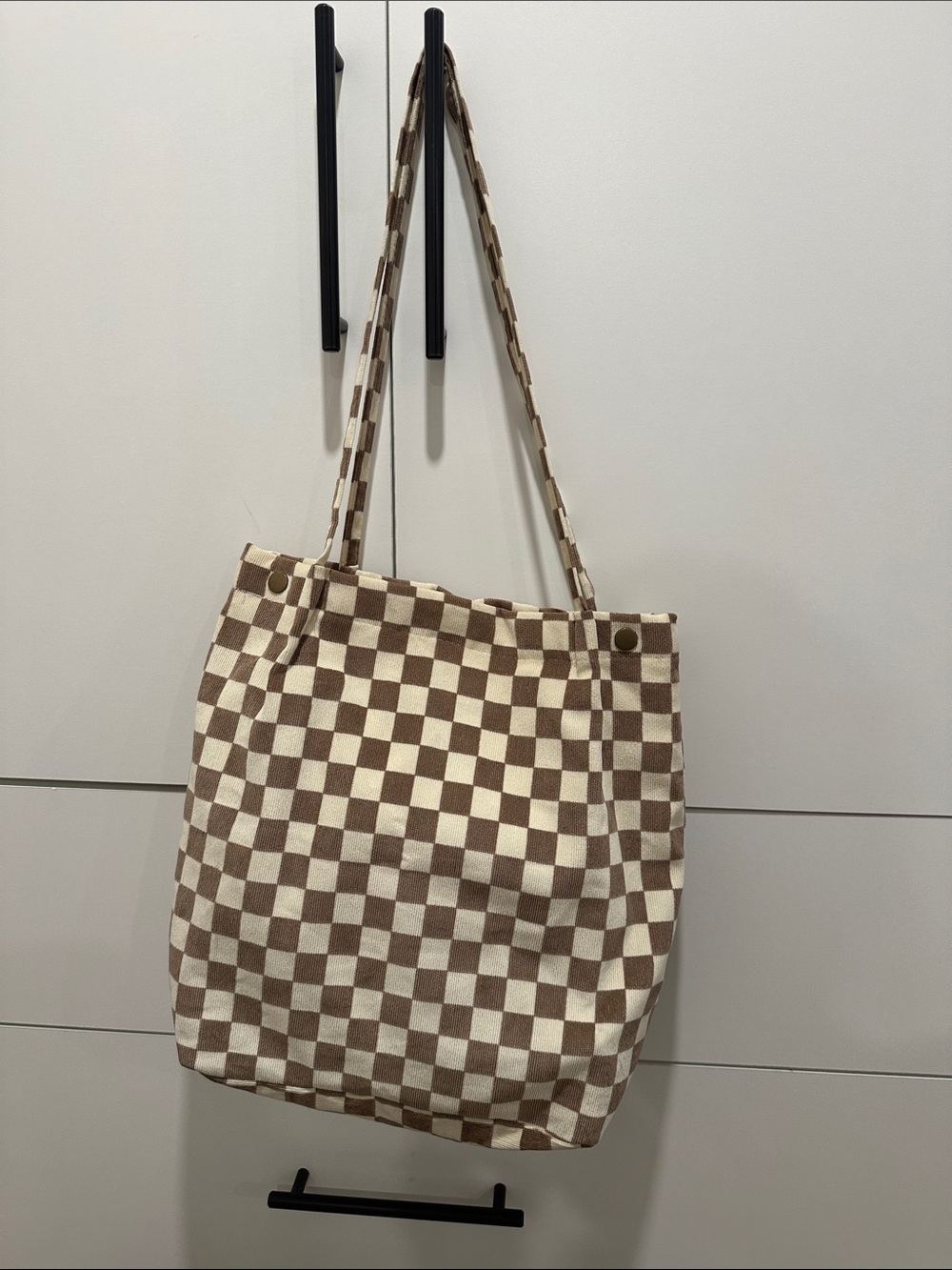 Canvas Checkerboard Tote Bag in Brown and Cream - Women Bags